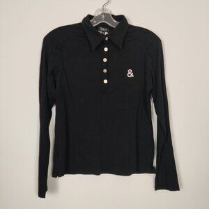 D&G Women's Long Sleeve Polo Shirt in Black Beaded LOGO 100% Cotton Y2K